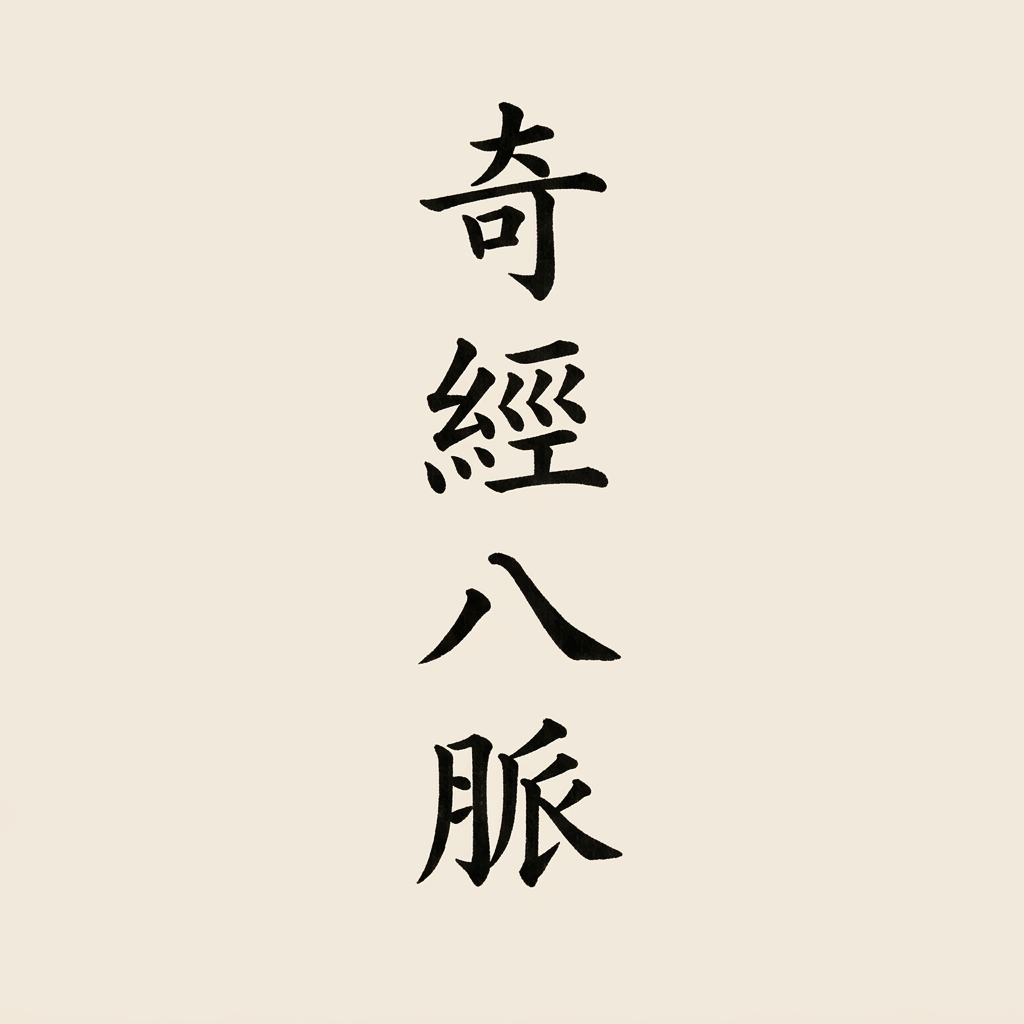 Chinese calligraphy characters 奇經八脈 written vertically on beige background